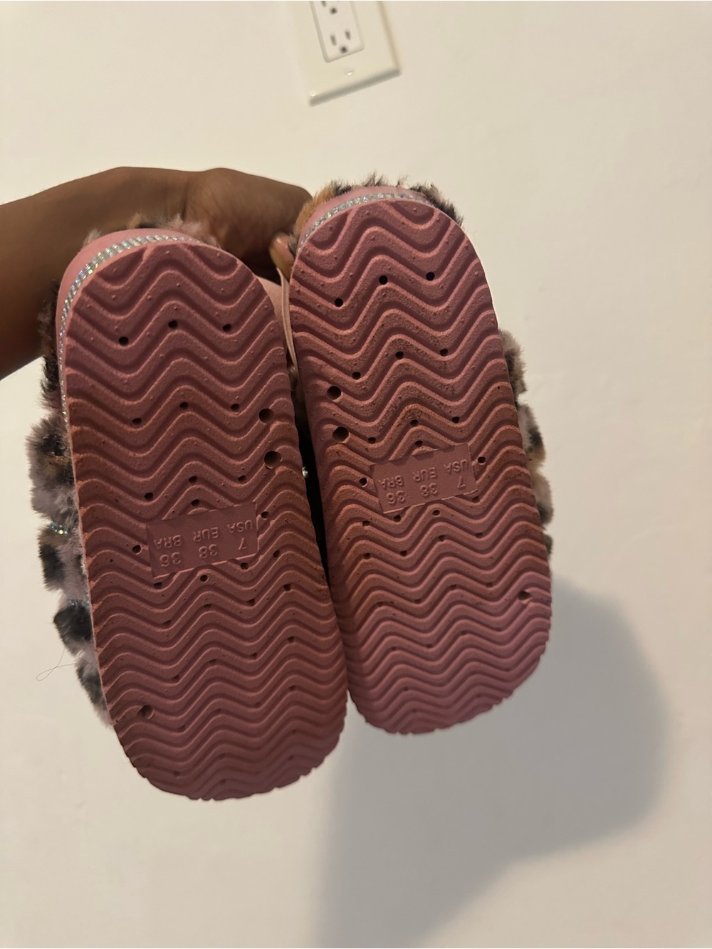 Pink Leopard Faux-Fur Ruffled Slide Sandals with Rhinestone Straps - Picture 9 of 9